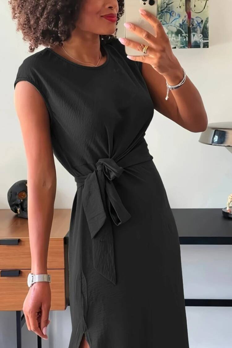 Midi Slit Dress With Cap SleevesRound Neck