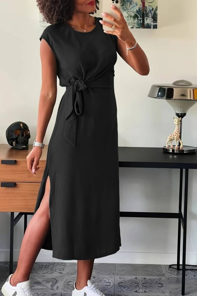 Midi Slit Dress With Cap SleevesRound Neck