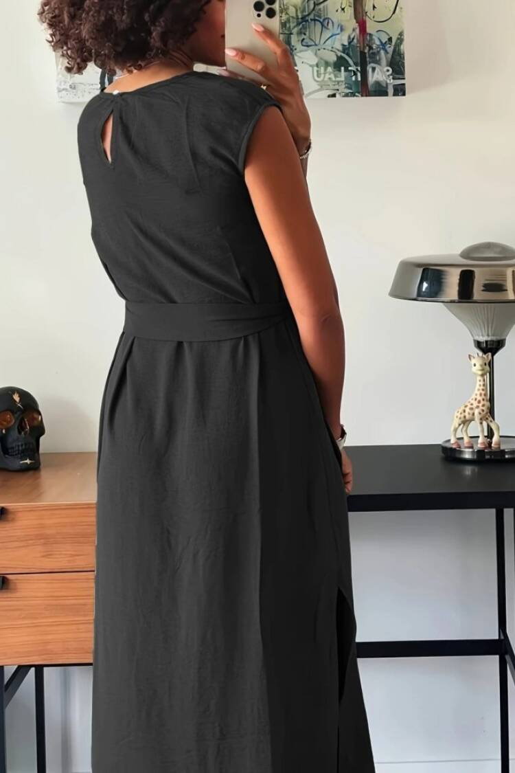 Midi Slit Dress With Cap SleevesRound Neck