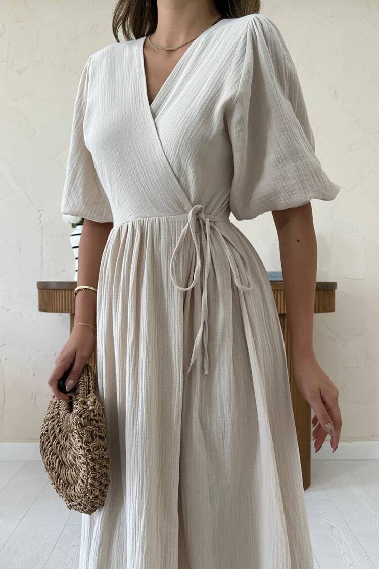 Elegant Maxi Wrap Dress With Puff Sleeves