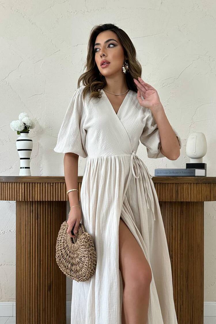 Elegant Maxi Wrap Dress With Puff Sleeves