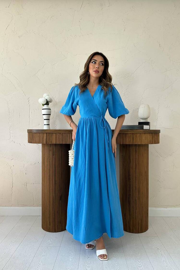Maxi Wrap Dress With V-Neck And Half Sleeves