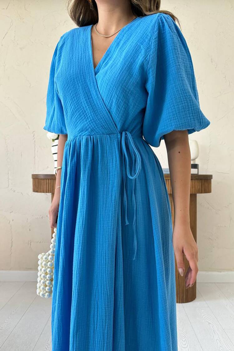 Maxi Wrap Dress With V-Neck And Half Sleeves