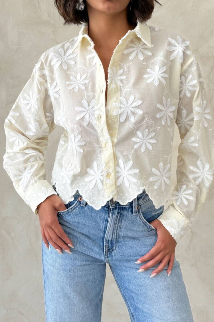 White Floral V-Neck Crop Shirt