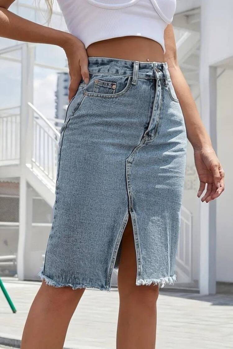Blue Pencil Midi Skirt With High Waist & Patch Pocket