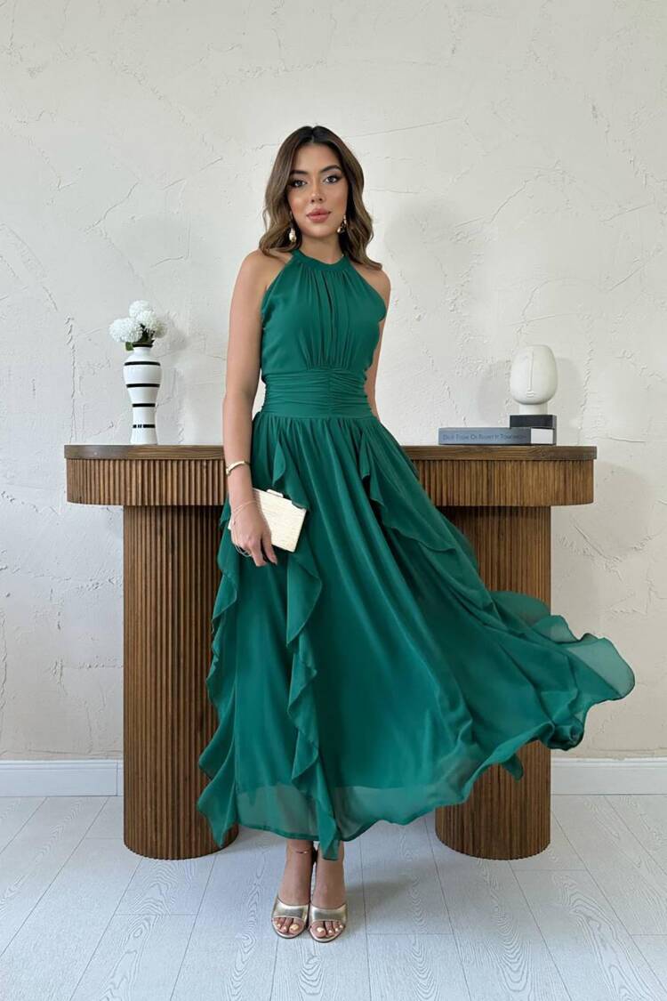 Elegant Green Maxi Fit And Flare Dress