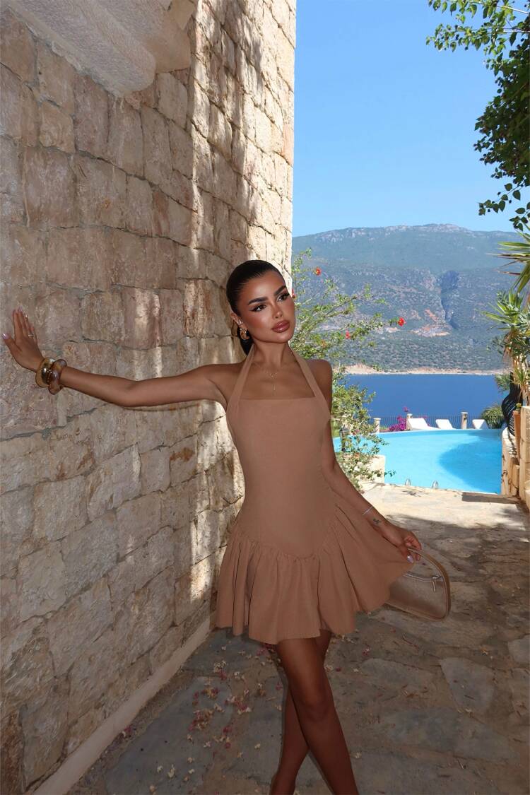 Beige Halter Neck Mini Slip Dress