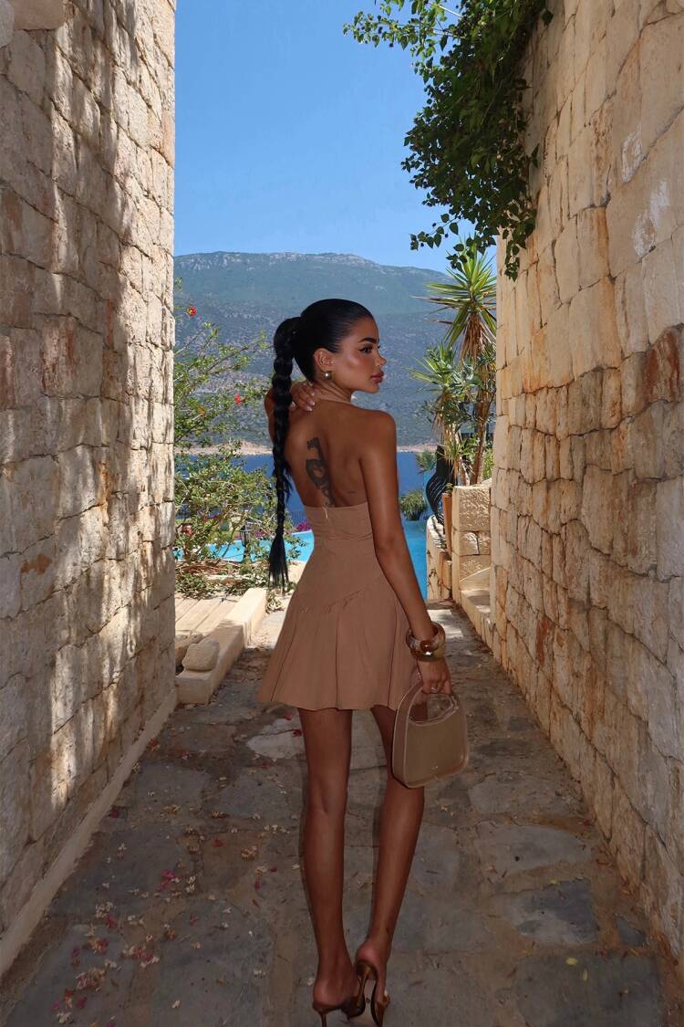 Beige Halter Neck Mini Slip Dress