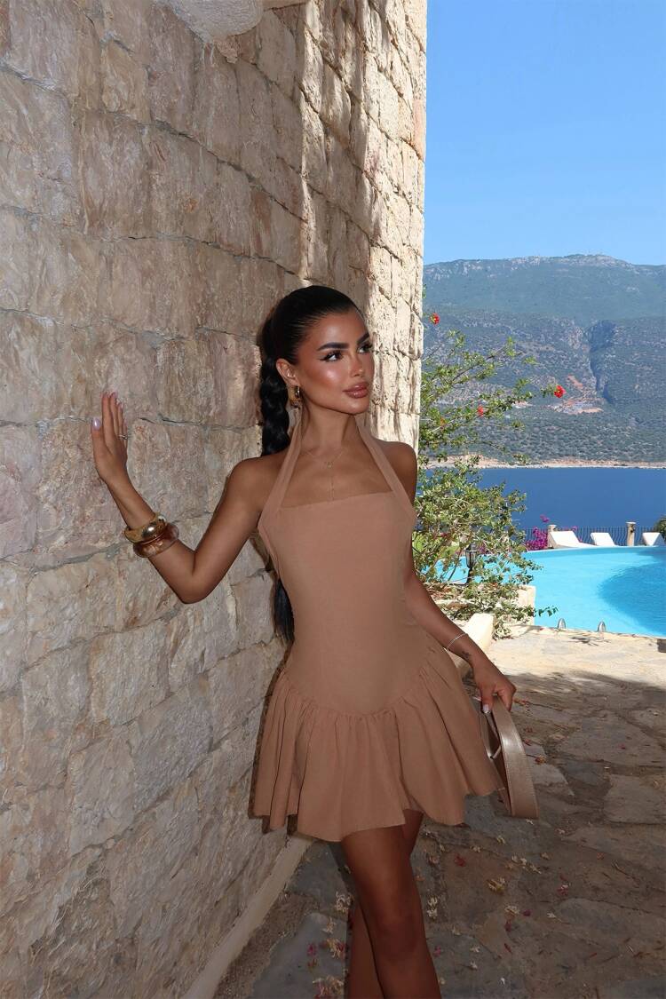 Beige Halter Neck Mini Slip Dress
