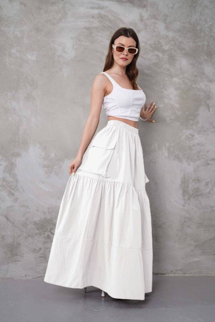Elegant Layered Maxi Skirt With Flap Pocket