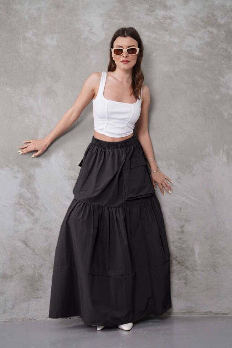 Layered Maxi Skirt With Flap Pockets
