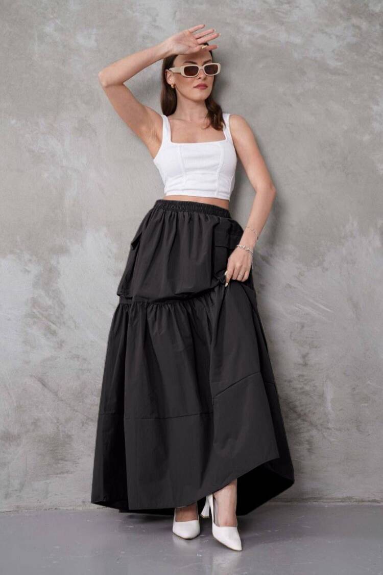 Layered Maxi Skirt With Flap Pockets