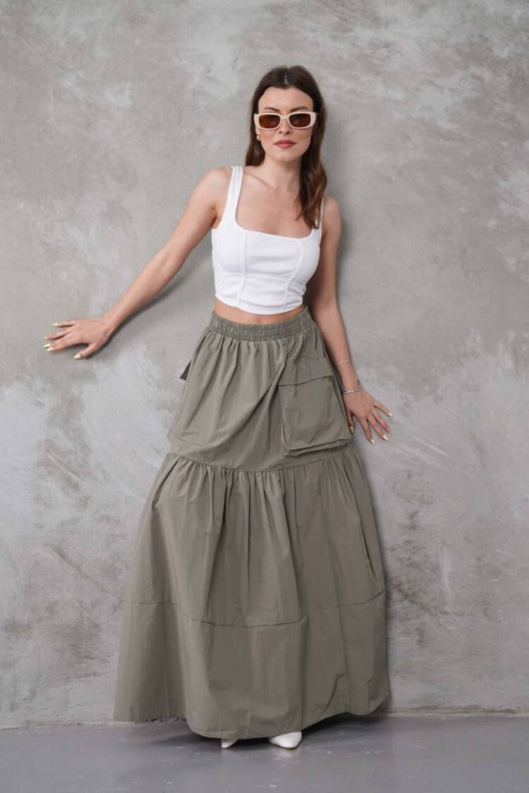 Layered Maxi Skirt With Flap Pockets