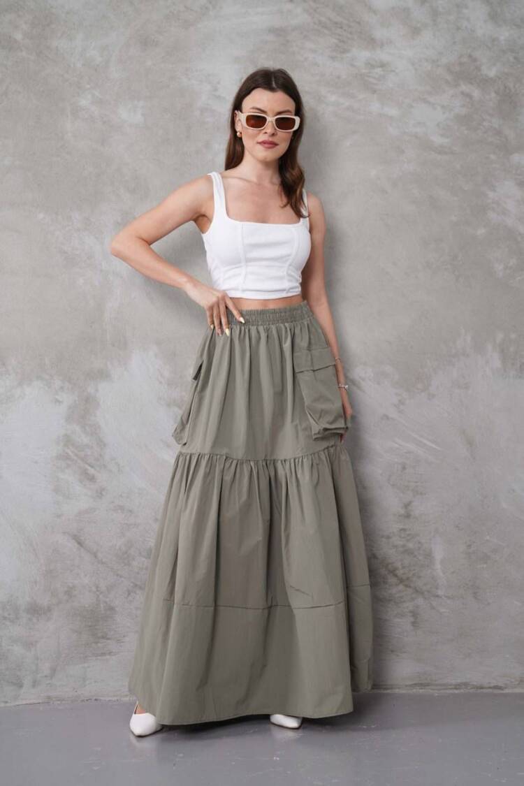Layered Maxi Skirt With Flap Pockets