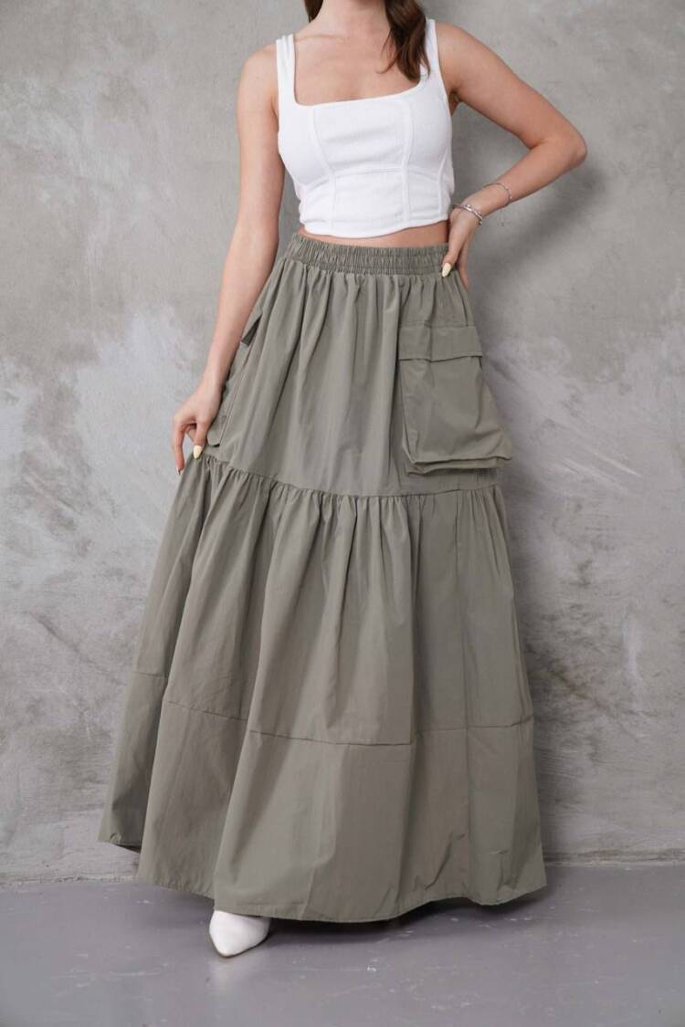 Layered Maxi Skirt With Flap Pockets