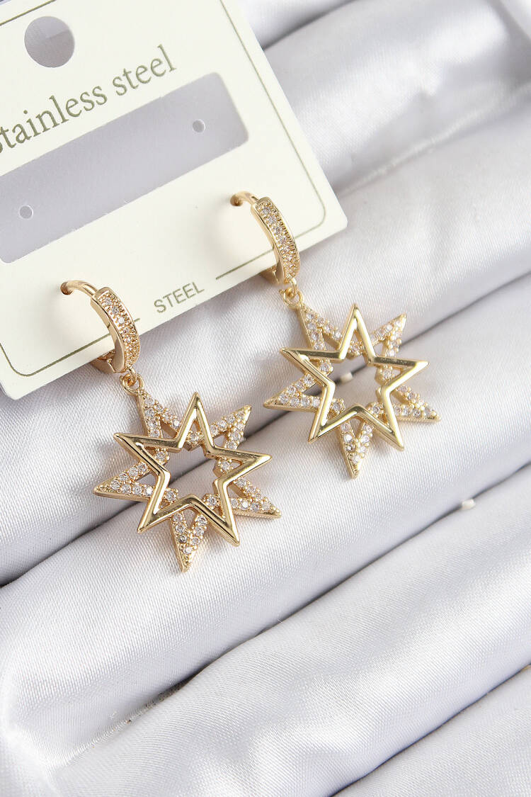 316l Steel Zircon Stone Swinging Star Model Gold Color Women Earrings - Brand: Ebijuteri - Women & Kids, Baby Clothes Wholesale - Globality Store