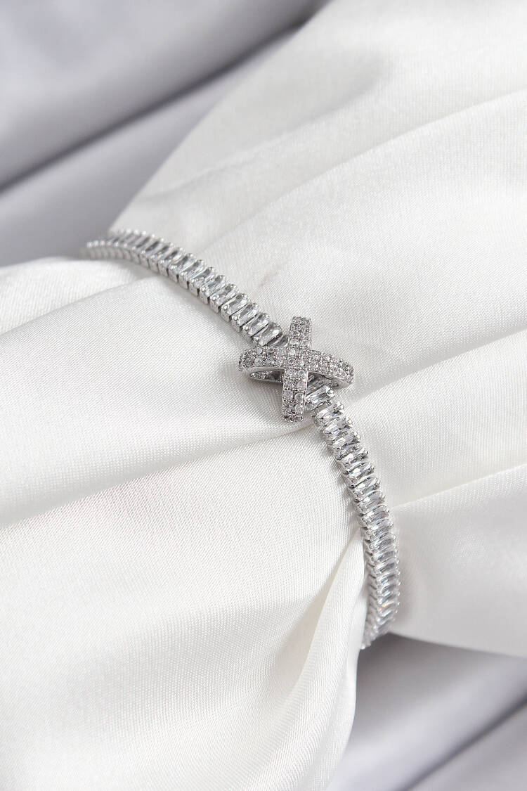 Brass Zircon Stone X Detailed Waterway Model Silver Color Elevator Women Bracelet - Brand: Ebijuteri - Women & Kids, Baby Clothes Wholesale - Globality Store