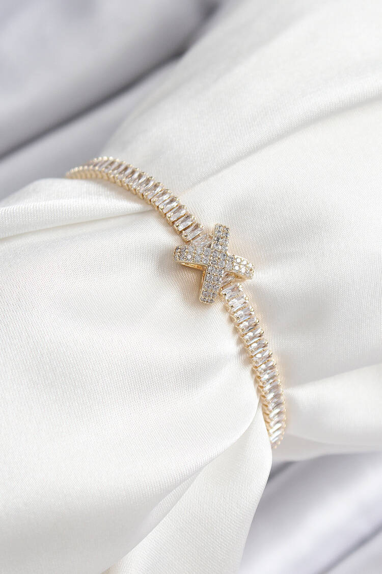 Brass Zircon Stone X Detailed Waterway Model Gold Color Elevator Women Bracelet - Brand: Ebijuteri - Women & Kids, Baby Clothes Wholesale - Globality Store
