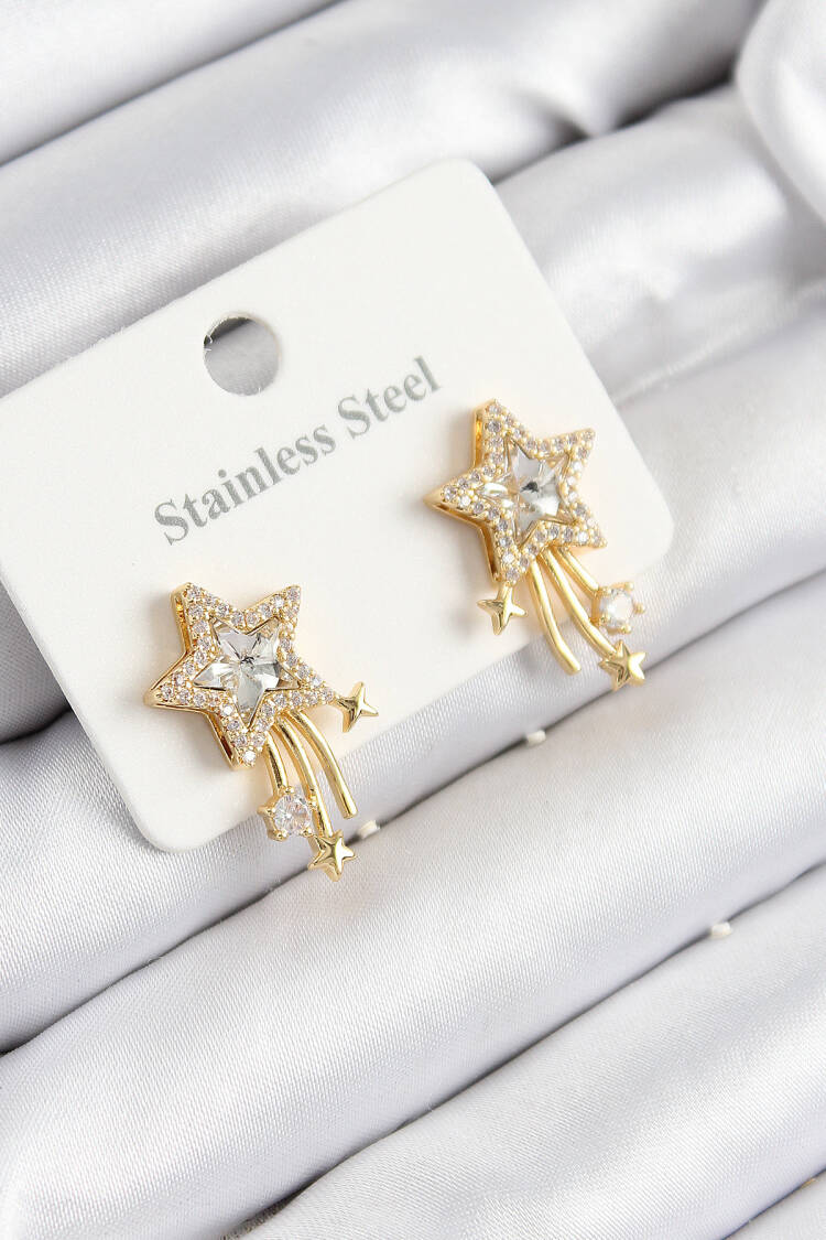 316l Steel Zircon Stone Floating Star Model Gold Color Women Earrings - Brand: Ebijuteri - Women & Kids, Baby Clothes Wholesale - Globality Store