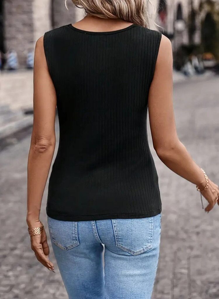 Black Fitted V-Neck Sleeveless Blouse With Cap Sleeve