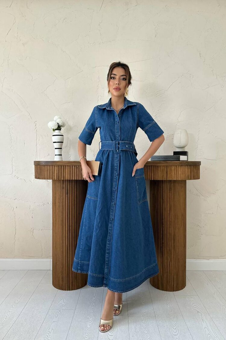 Blue Elegant Shirt Dress With Notched Neck - Brand: Elisa - Women & Kids, Baby Clothes Wholesale - Globality Store