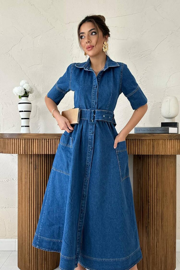 Blue Elegant Shirt Dress With Notched Neck