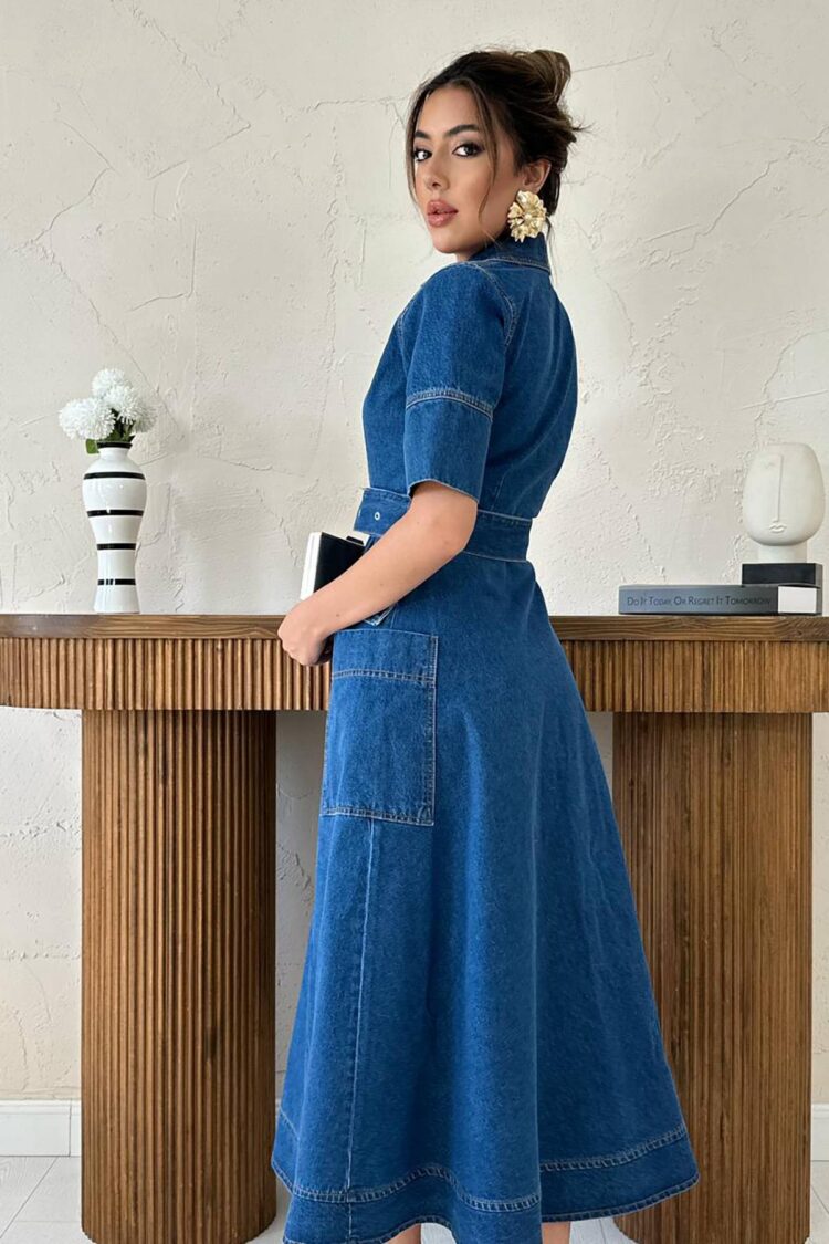 Blue Elegant Shirt Dress With Notched Neck