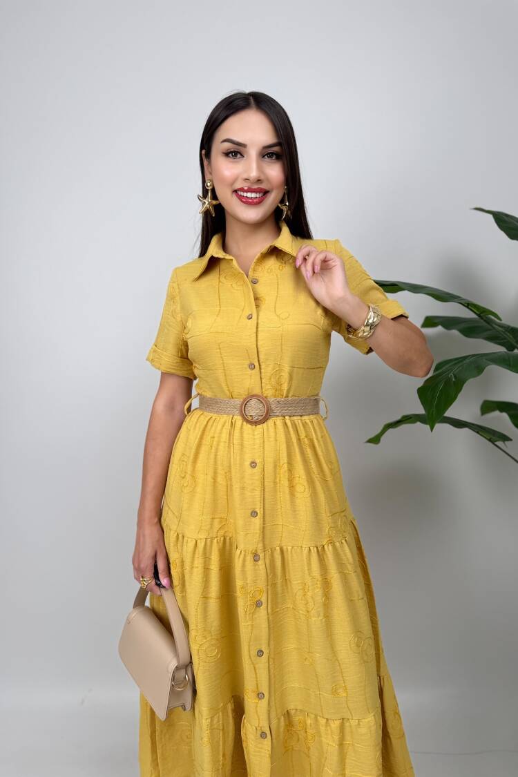 Shirt Dress With Notched Neck And Short Sleeves