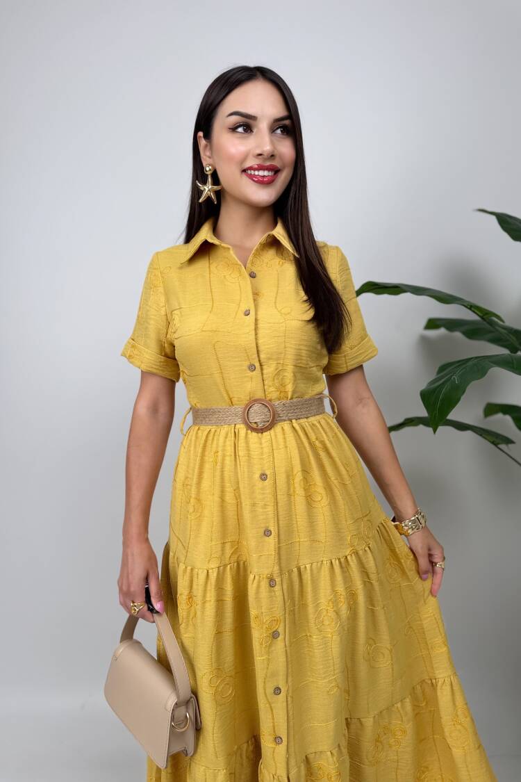 Shirt Dress With Notched Neck And Short Sleeves