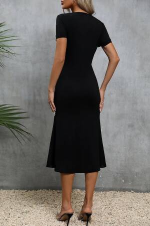 Black Fit And Flare Midi Dress With Square Neck
