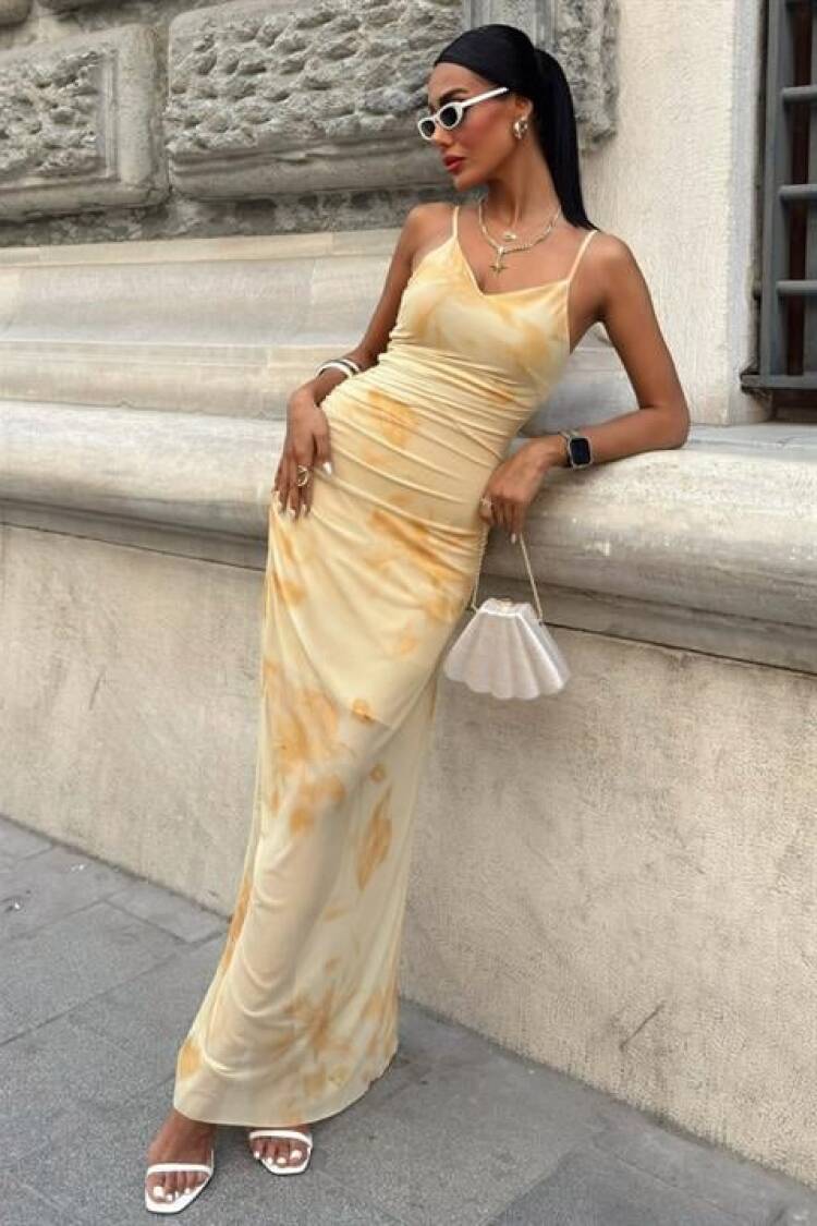 Beige Slip Dress With Marble Pattern And Cowl Neck