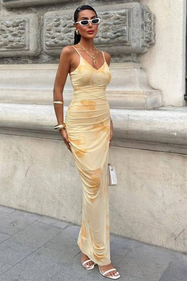 Beige Slip Dress With Marble Pattern And Cowl Neck
