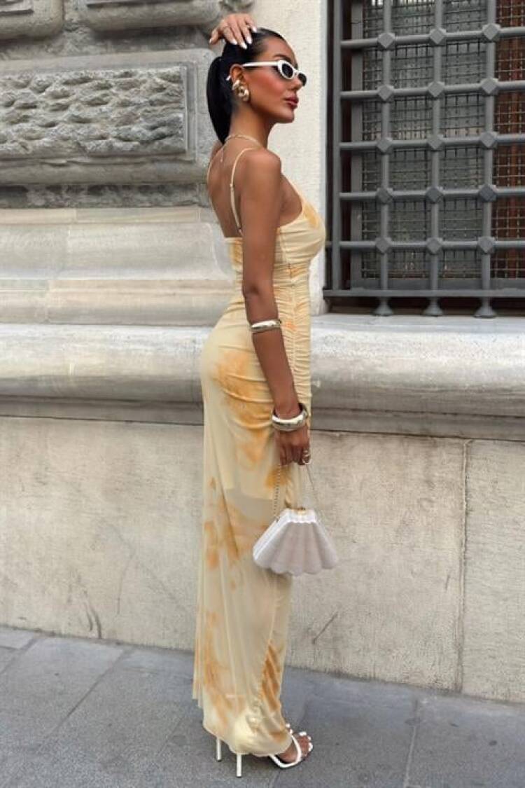 Beige Slip Dress With Marble Pattern And Cowl Neck