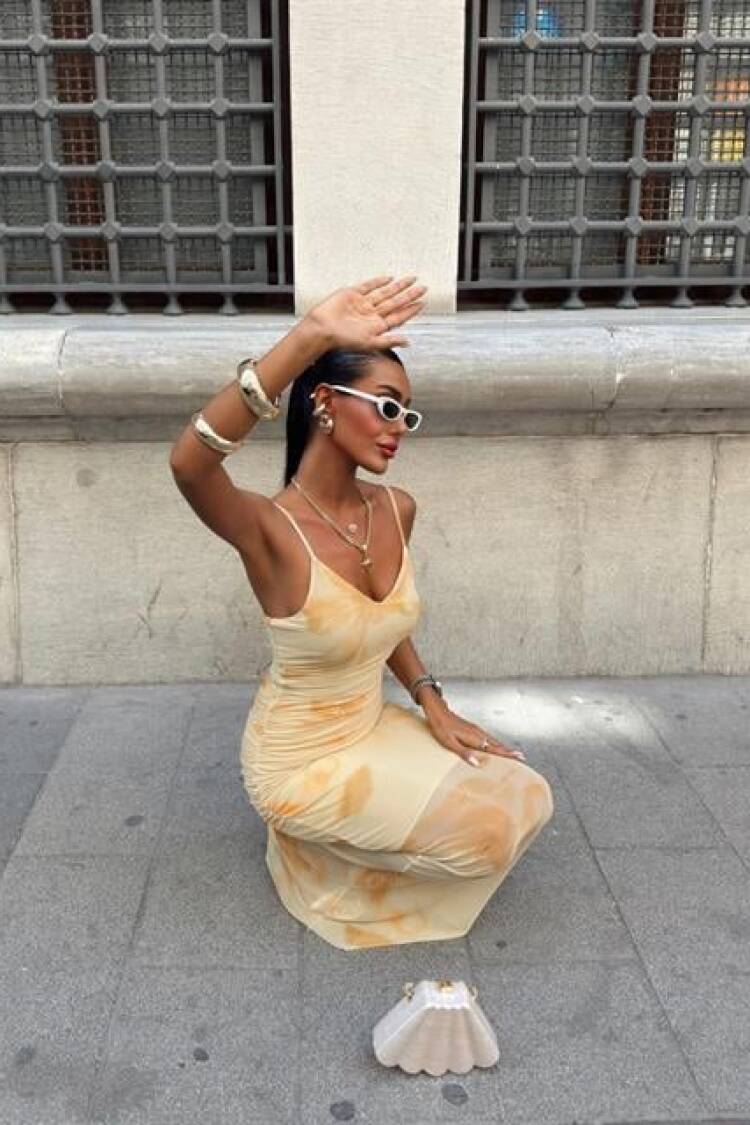 Beige Slip Dress With Marble Pattern And Cowl Neck