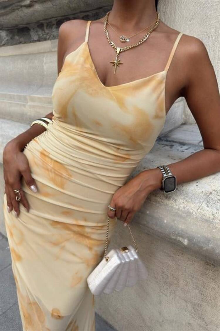 Beige Slip Dress With Marble Pattern And Cowl Neck