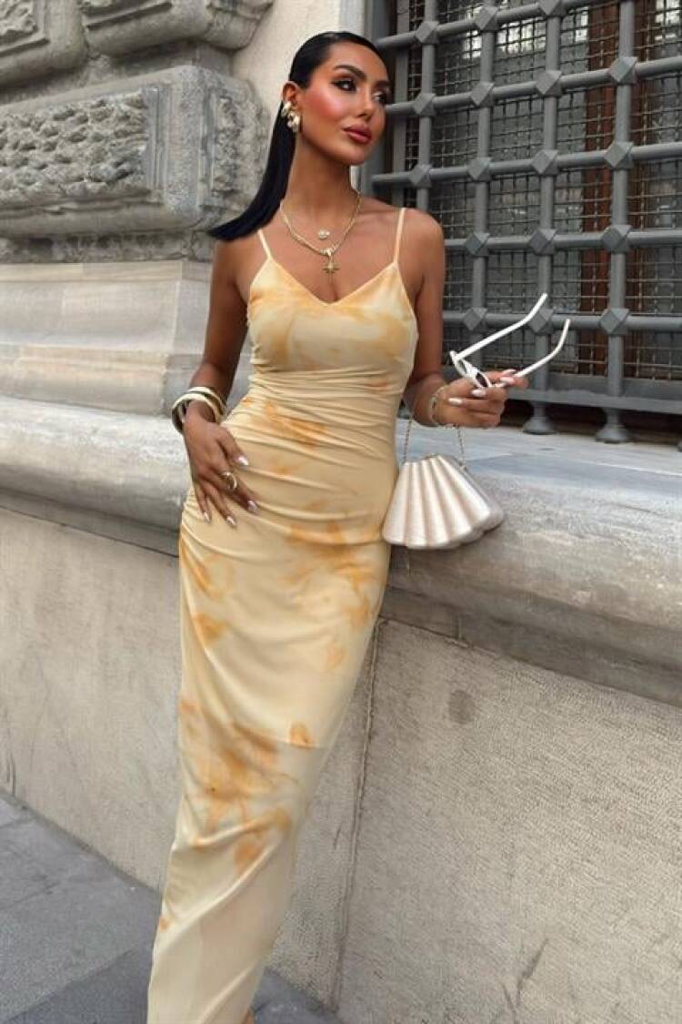 Beige Slip Dress With Marble Pattern And Cowl Neck