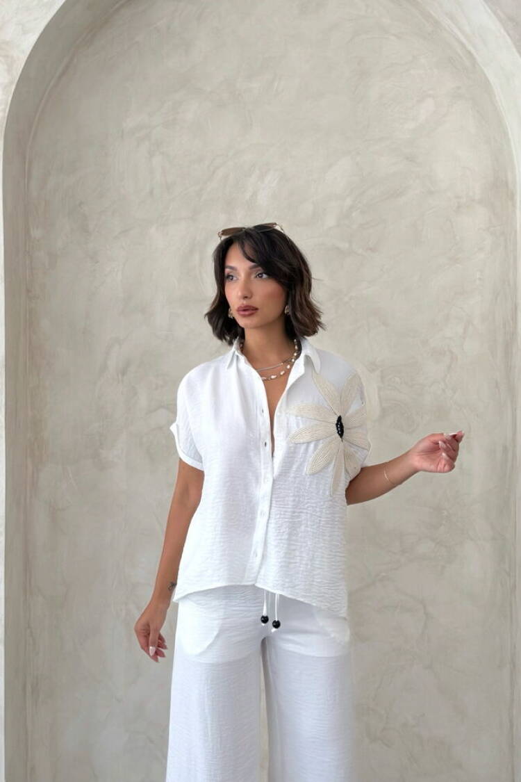 White Floral Buttoned Casual Shirt
