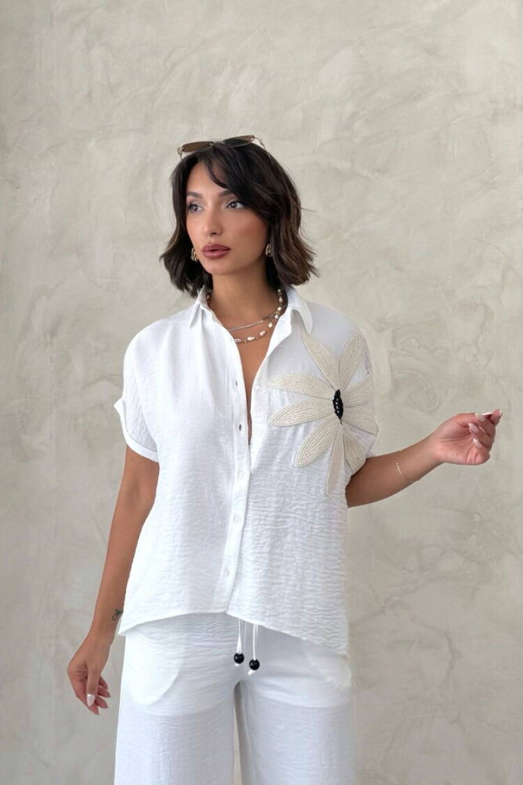 White Floral Buttoned Casual Shirt
