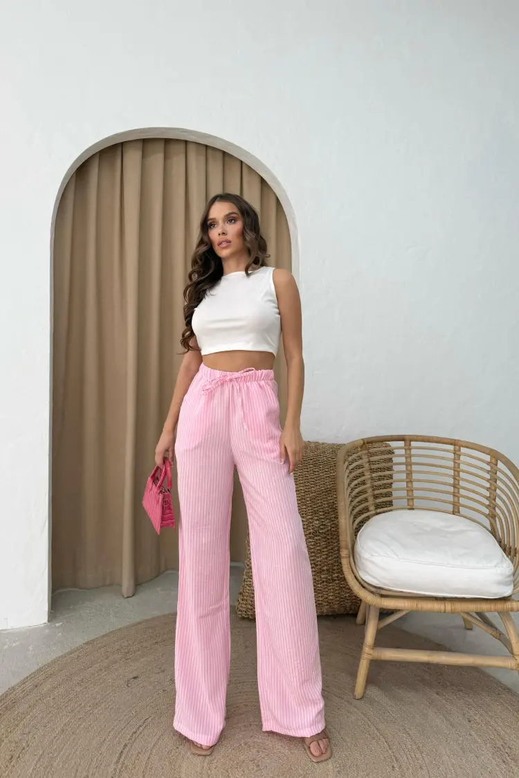Pink Striped Palazzo Pants With Drawstring Closure