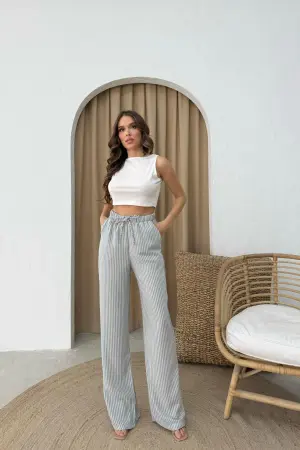 Grey Striped Palazzo Pants With Drawstring Closure