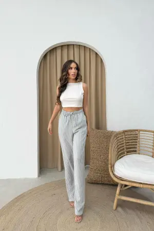 Grey Striped Palazzo Pants With Drawstring Closure