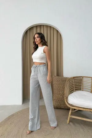 Grey Striped Palazzo Pants With Drawstring Closure