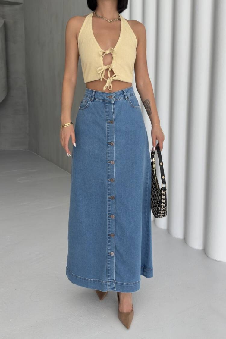 A-Line Maxi Skirt With High Waist & Buttoned Closure
