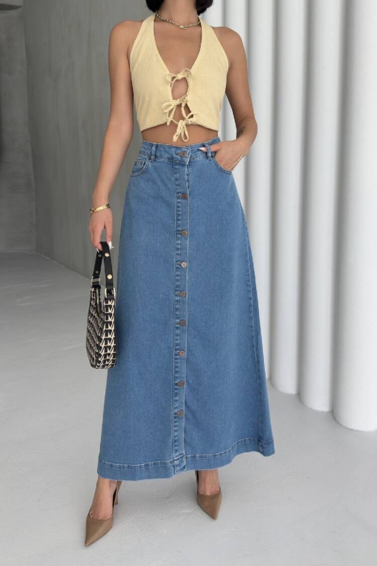 A-Line Maxi Skirt With High Waist & Buttoned Closure