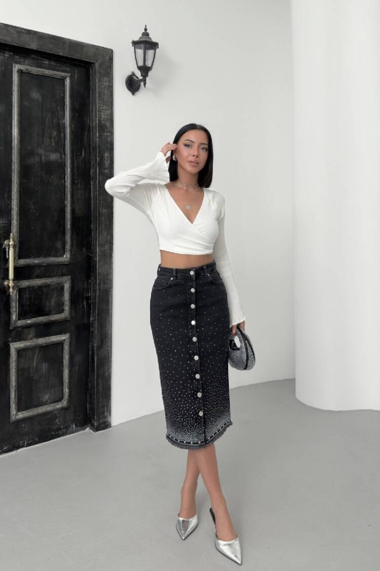 Black High Waist Pencil Midi Skirt With Polka Dots