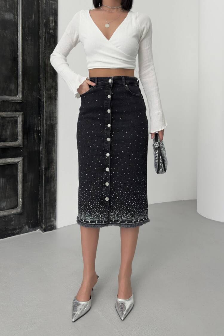 Black High Waist Pencil Midi Skirt With Polka Dots