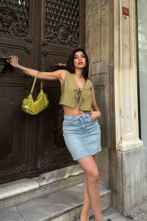 Blue A-Line Mini Skirt With Tie Closure