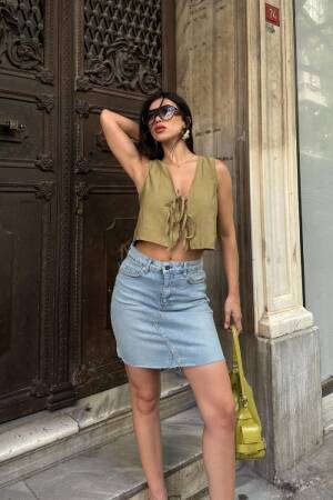 Blue A-Line Mini Skirt With Tie Closure