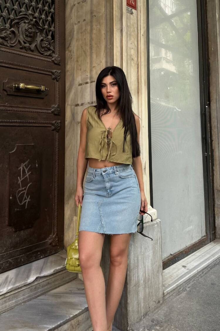 Blue A-Line Mini Skirt With Tie Closure