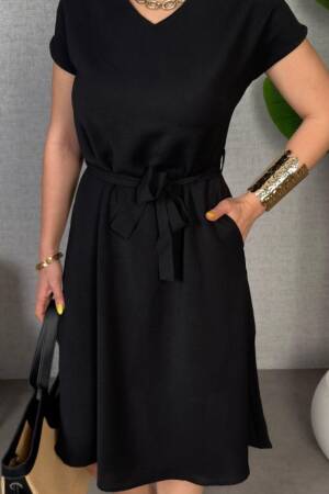 Black A-Line V-Neck Knee Length Dress